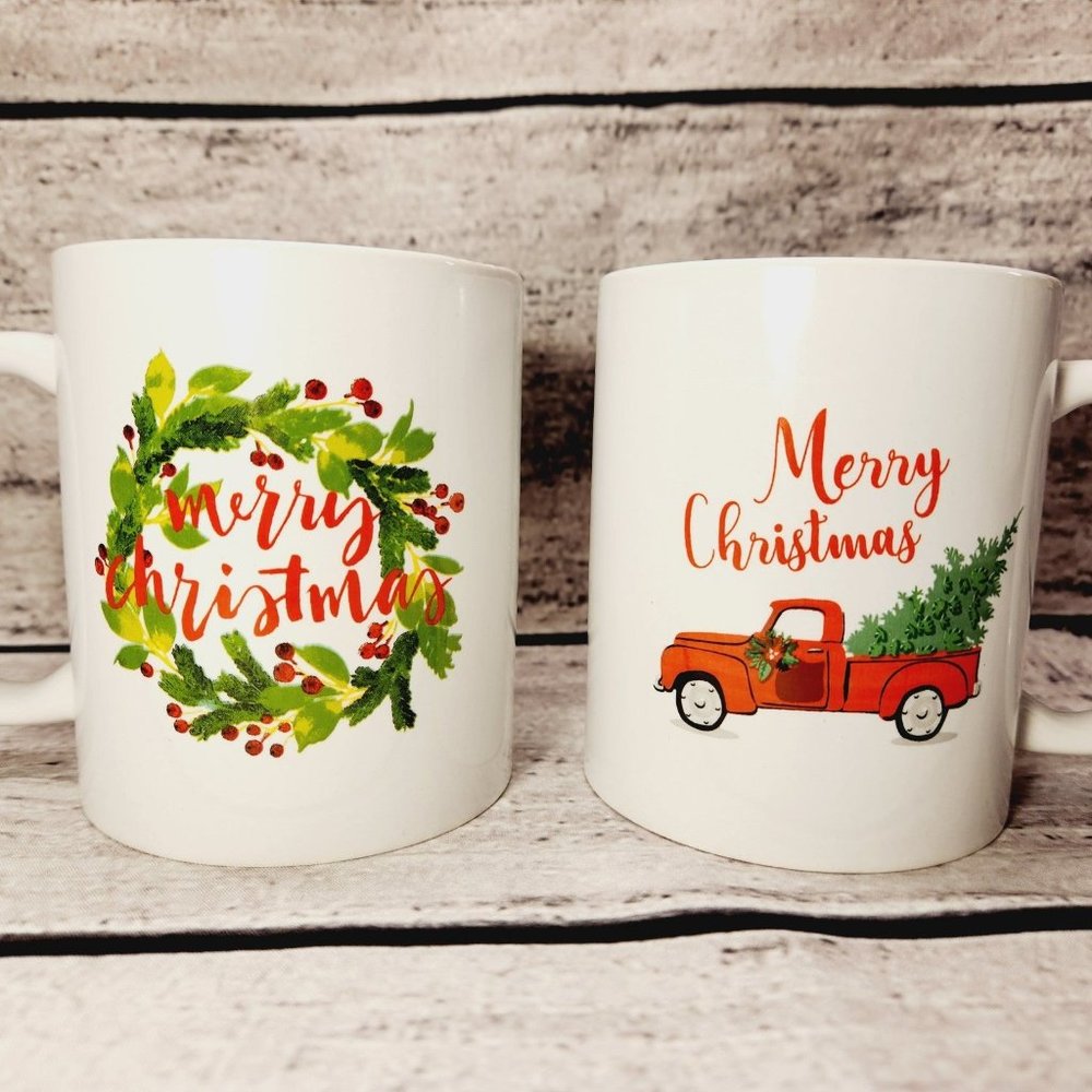 Set Of 2 Merry Christmas 12 oz Coffee Mug Cup Holidays Red Pick Up Truck Wreath
